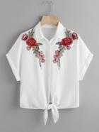 Romwe Embroidered Flower Patch Tie Front Blouse