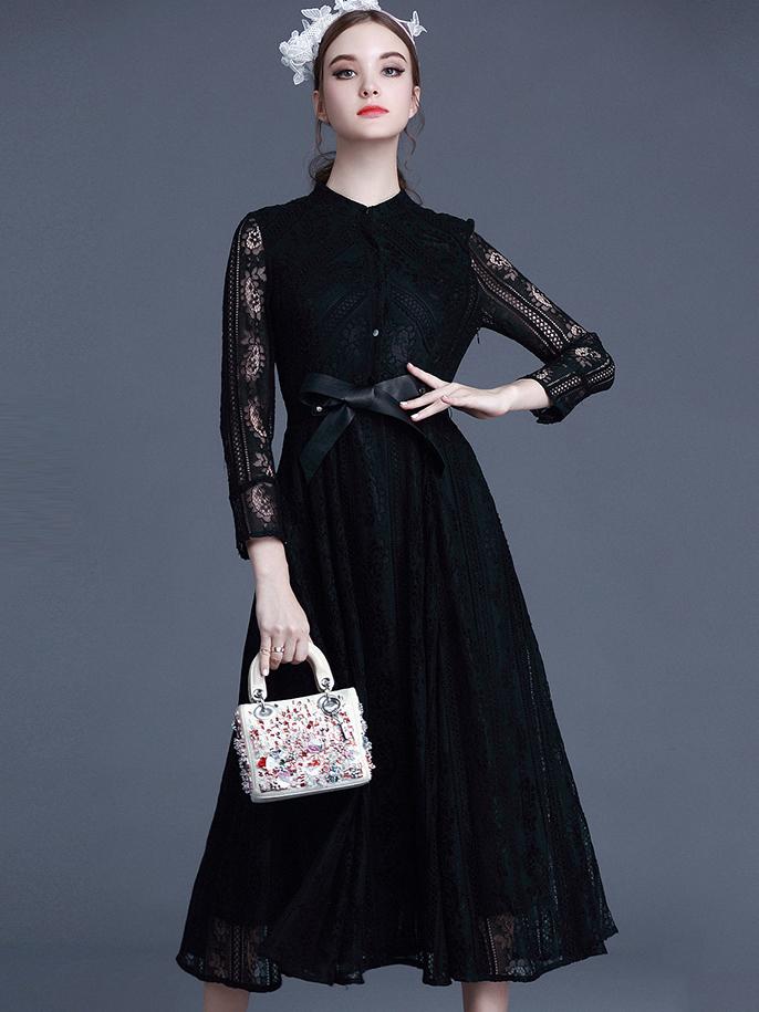 Romwe Black Round Neck Long Sleeve Tie-waist Lace Dress