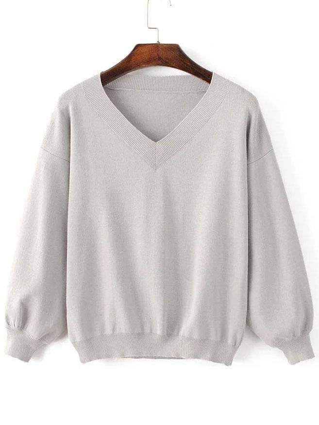 Romwe Grey V Neck Drop Shoulder Ribbed Trim Knitwear