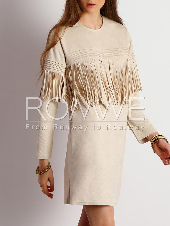 Romwe Grey Crew Neck Fringe Shift Dress