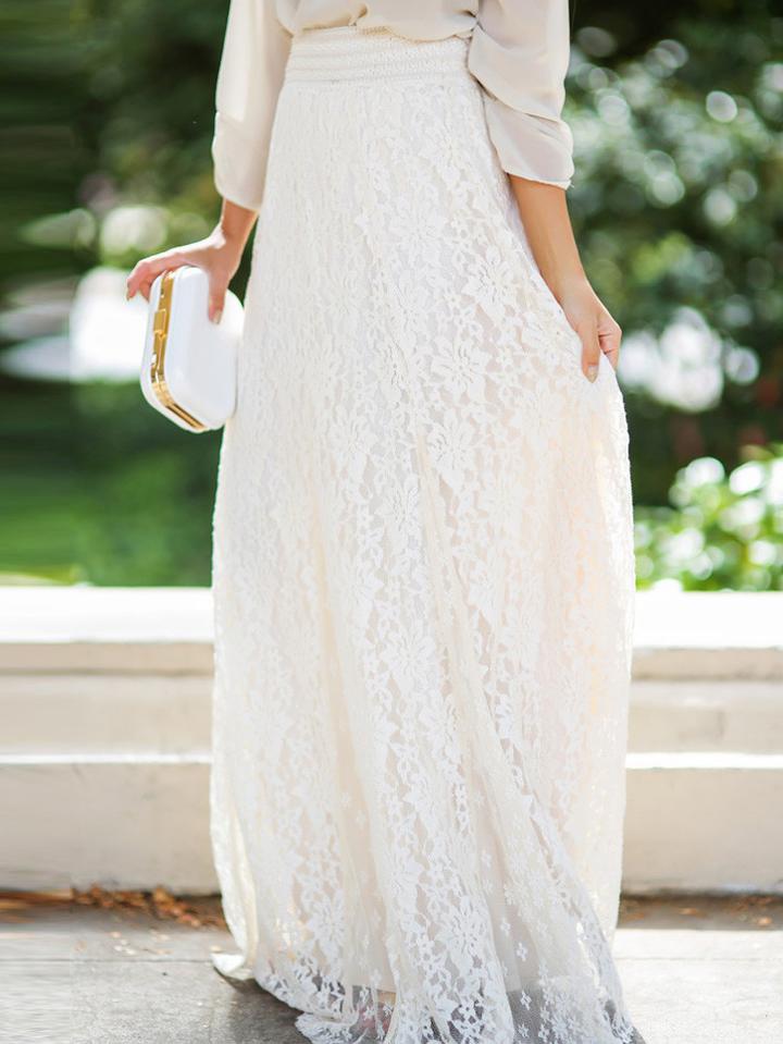 Romwe Elastic Waist Lace Embroidered White Skirt