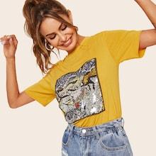 Romwe Figure Pattern Contrast Sequin Tee
