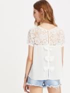 Romwe Illusion Floral Lace Yoke Split Bow Back Top