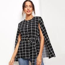 Romwe Self Belted Grid Cape Coat