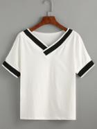 Romwe White V Neck Striped Trim T-shirt