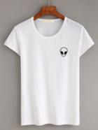 Romwe White Alien Embroidery Patch Slub T-shirt
