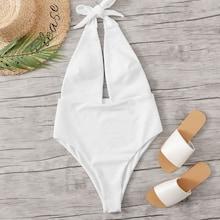 Romwe Plunging Neck Halter One Piece Swimsuit