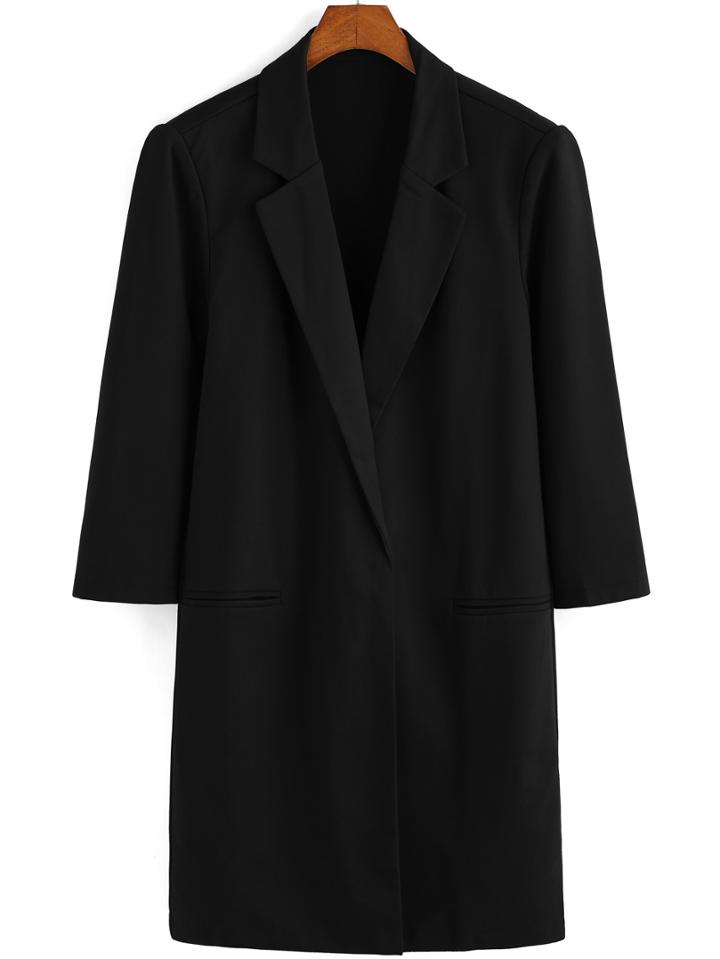 Romwe Lapel Edge Pockets Black Coat