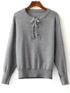 Romwe Grey Ribbed Trim Eyelet Lace Up Knitwear