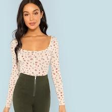 Romwe Floral Print Square Neck Tee