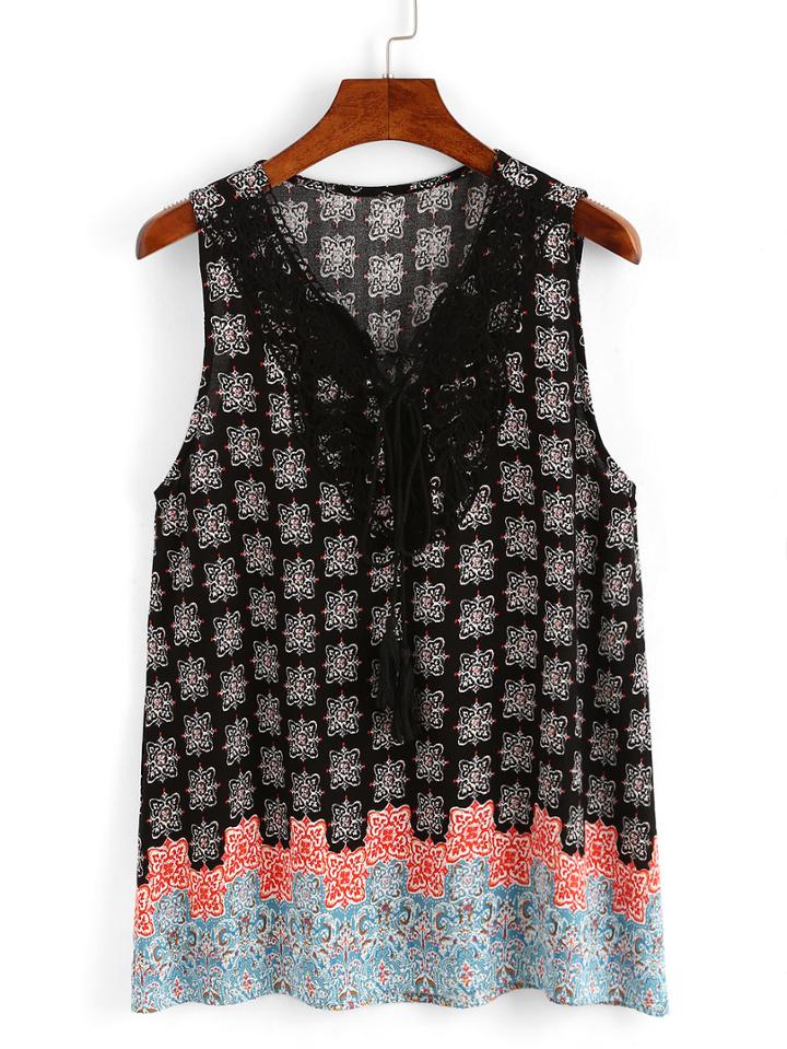 Romwe Lace Up Print Tank Top