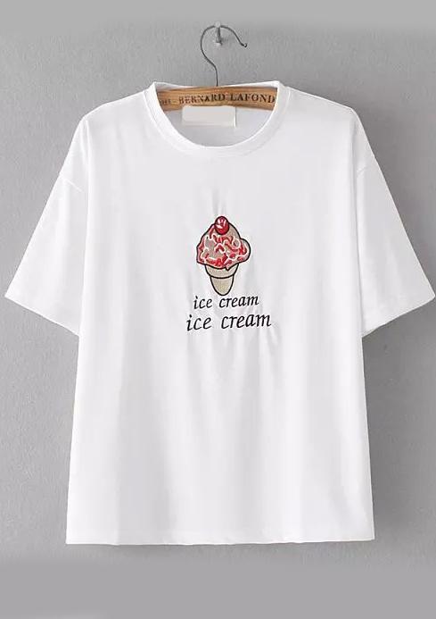 Romwe Ice Cream Embroidered White T-shirt