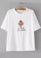 Romwe Ice Cream Embroidered White T-shirt