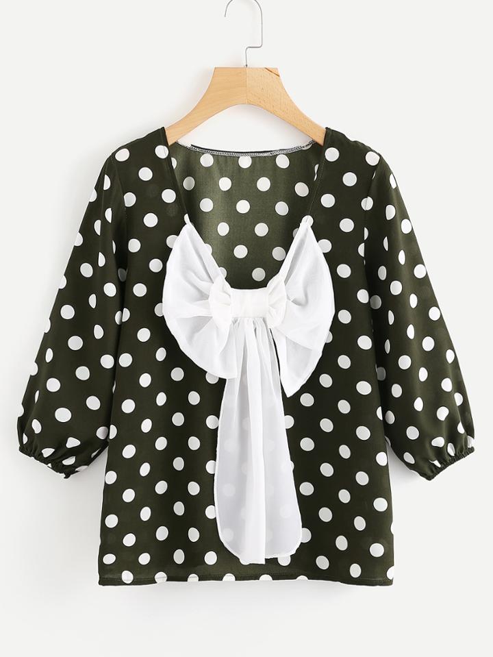 Romwe Polka Dot Bow Detail Top