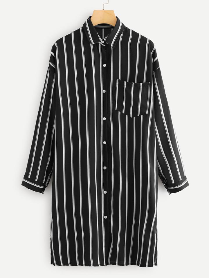 Romwe Chest Pocket Striped Shirt Dress