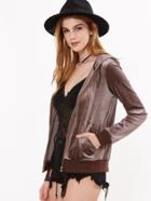 Romwe Brown Zip Up Velvet Hoodie With Pocket