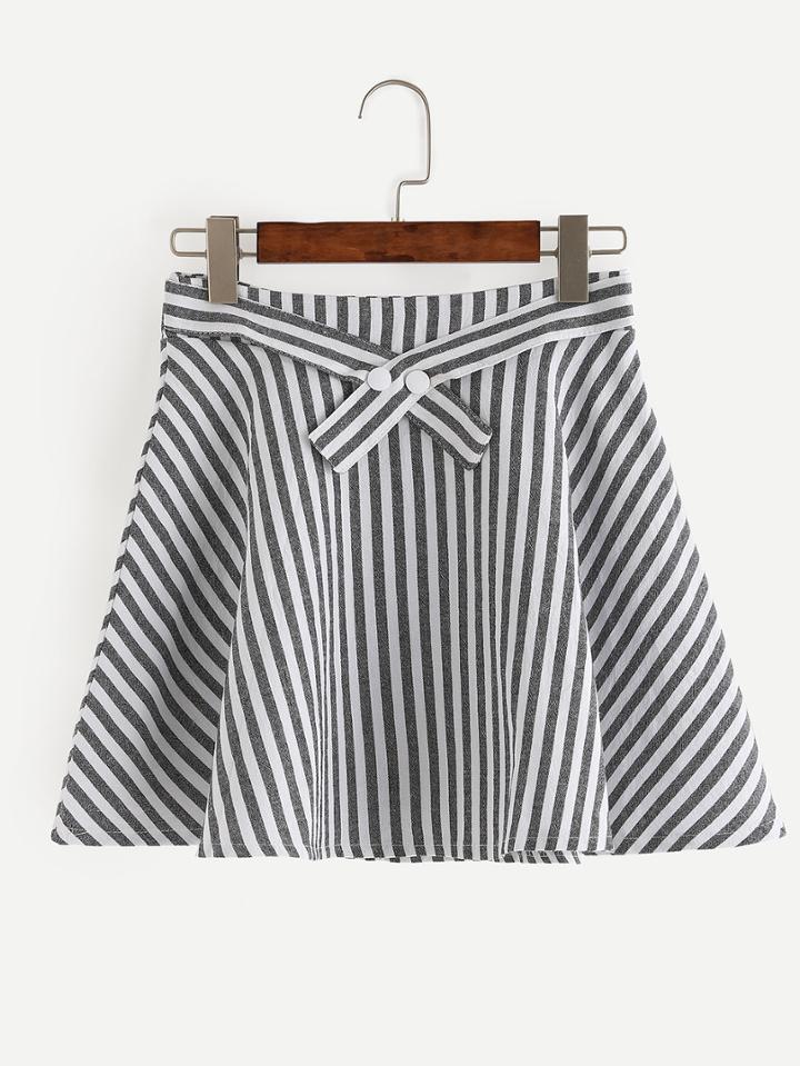 Romwe Tie-front Grey White Striped A-line Skirt