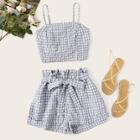 Romwe Gingham Shirred Cami Top & Shorts