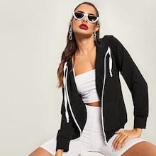 Romwe Zipper Up Drawstring Hoodie Coat