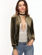 Romwe Army Green Velvet Zip Up Bomber Jacket