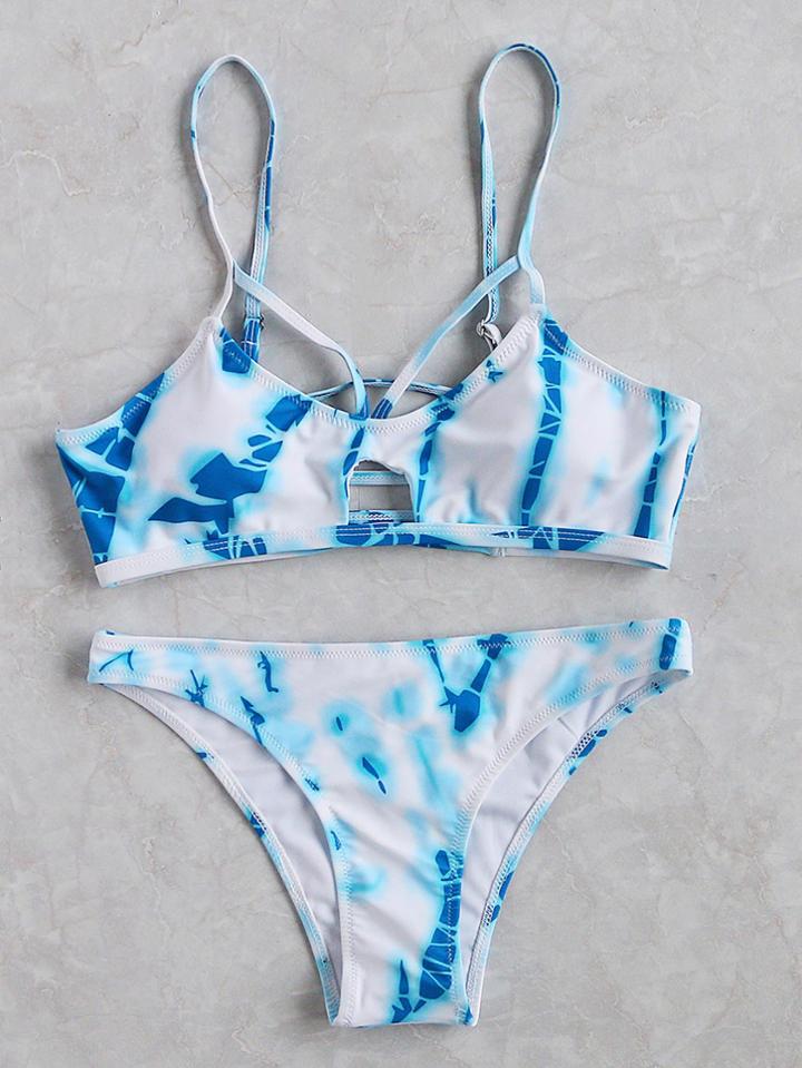 Romwe White And Blue Cutout Detail Bikini Set