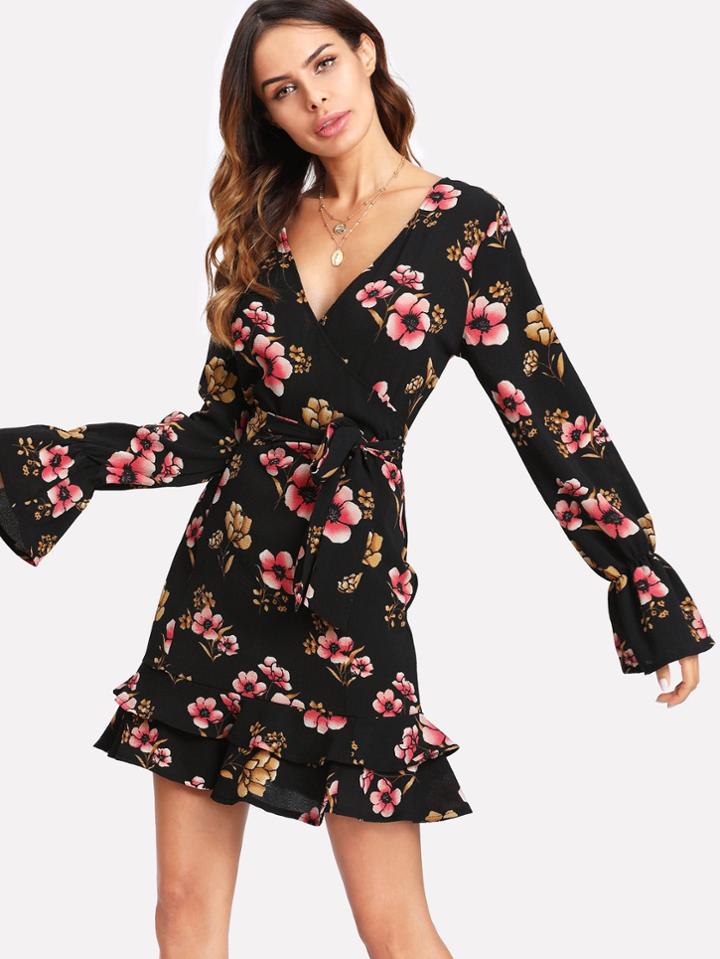 Romwe Tiered Ruffle Hem Surplice Wrap Dress