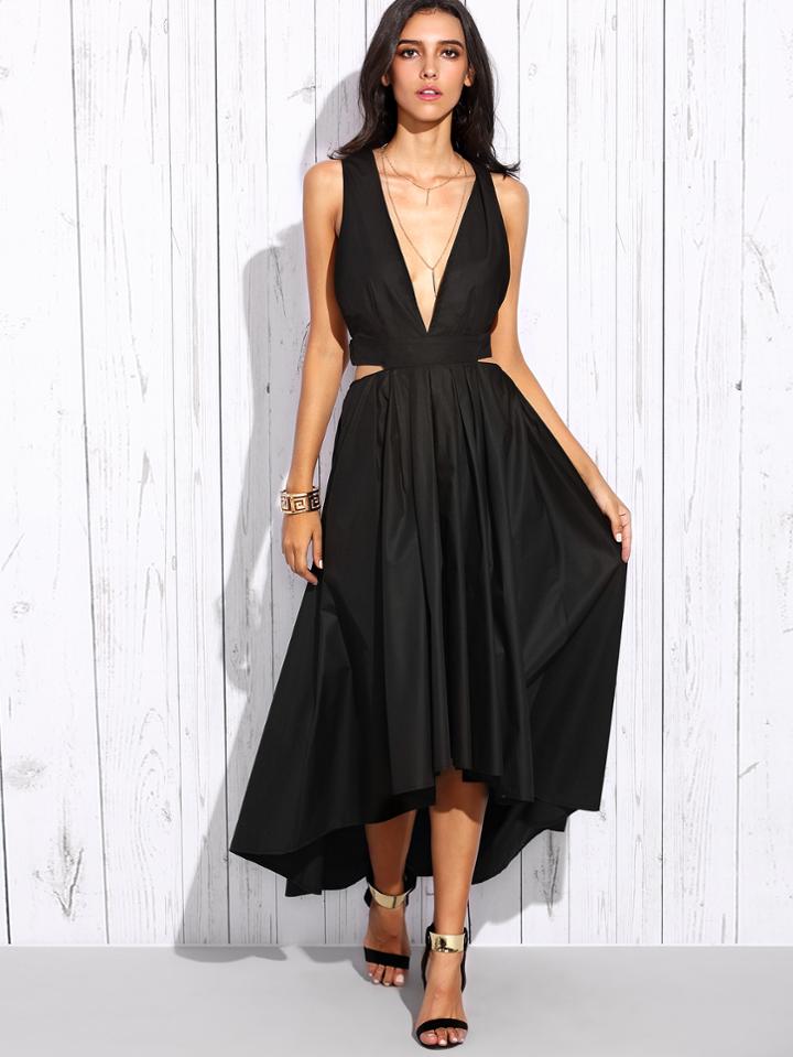 Romwe Black Deep V Neck Criss Cross Back High Low Dress