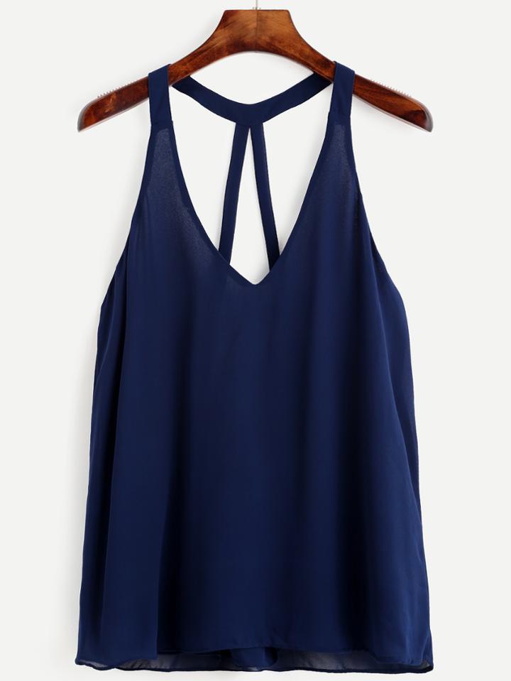 Romwe Blue Strappy Racerback Chiffon Halter Neck Top