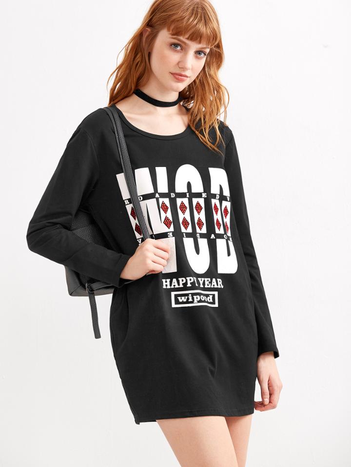 Romwe Black Letter Print Rhinestone Pockets Dress