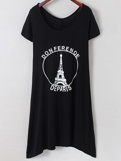 Romwe Black Irregular Hem Letters Iron Tower Print Dress