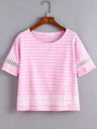 Romwe Pink Striped Lace Insert T-shirt
