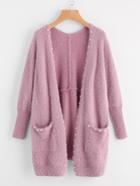 Romwe Pearl Beading Pocket Front Fuzzy Sweater Coat