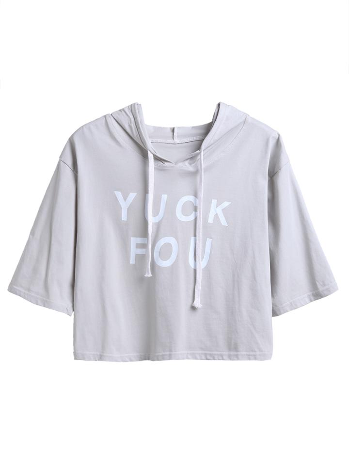 Romwe Letter Print Drawstring Hooded Crop T-shirt