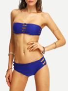 Romwe Knotted Ladder-cutout Bandeau Bikini Set - Blue
