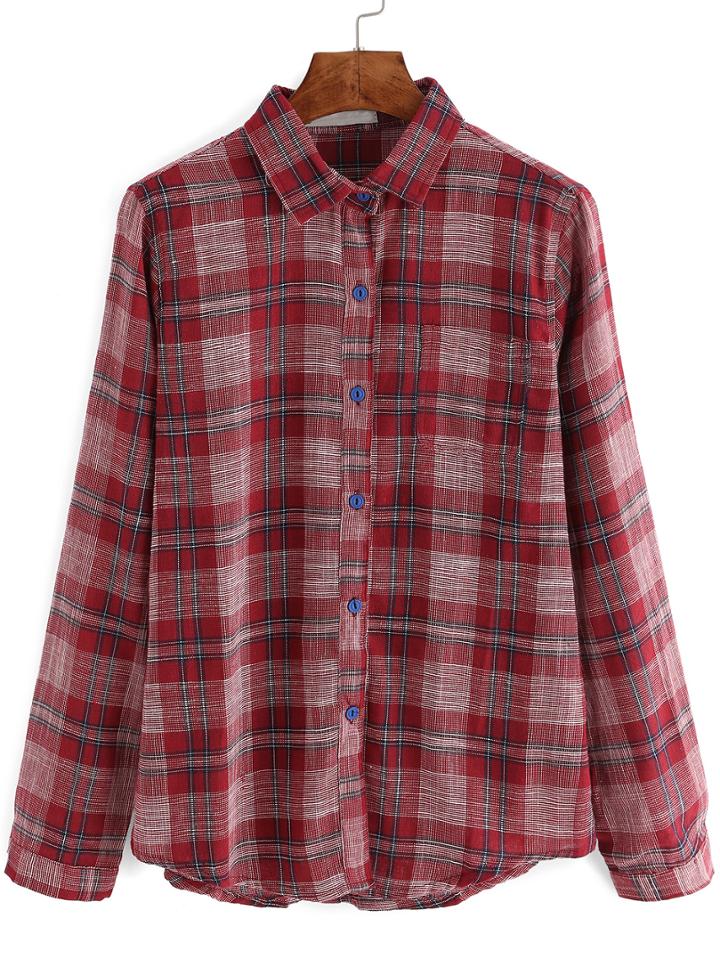 Romwe Lapel Plaid Buttons Burgundy Blouse