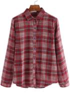 Romwe Lapel Plaid Buttons Burgundy Blouse