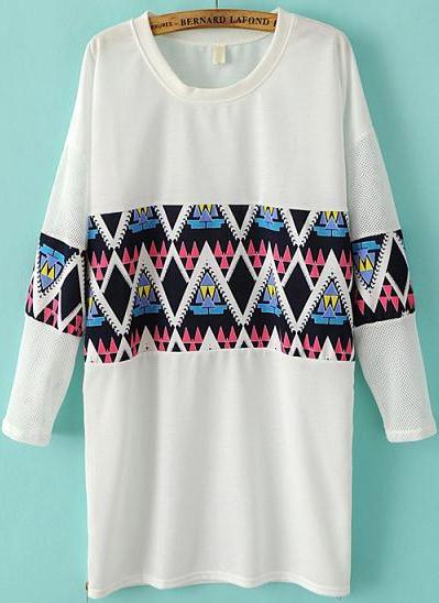 Romwe Geometric Print White T-shirt With Mesh Sleeve