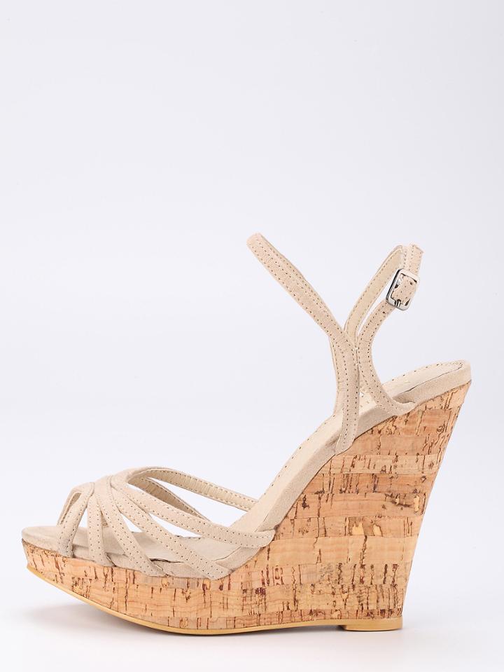 Romwe Faux Suede Strappy Wedges - Apricot