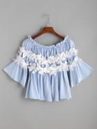 Romwe Blue Floral 3d Embellished Frill Bell Sleeve Top