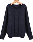 Romwe Navy Batwing Long Sleeve V-neck Cable Sweater