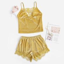 Romwe Lace Trim Velvet Cami Top & Shorts Pj Set
