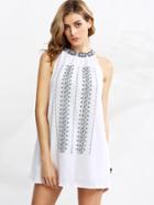 Romwe White Embroidered Neck Tunic Dress