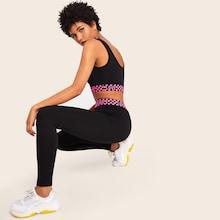 Romwe Crop Letter And Checked Tape Tank Top & Leggings Set