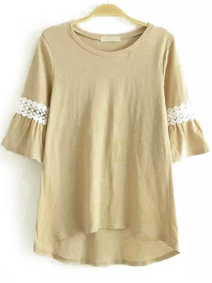 Romwe Khaki Round Neck Lace Dip Hem T-shirt