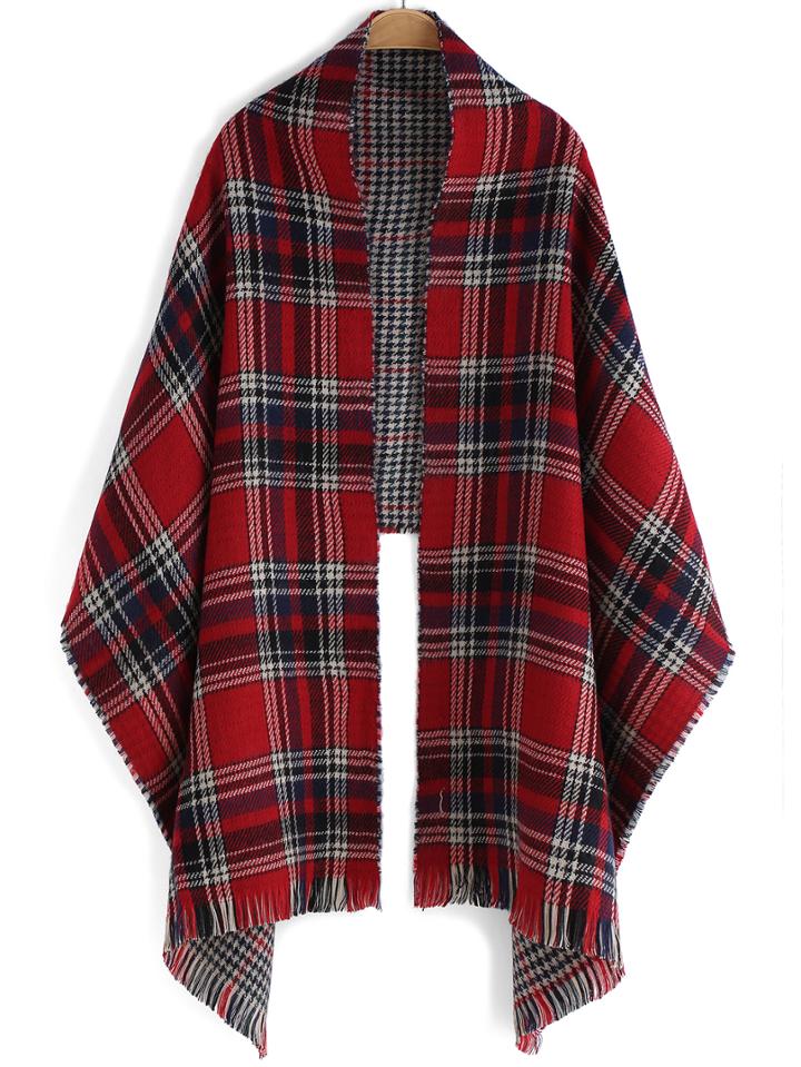Romwe Plaid Frayed Red Scarf