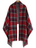 Romwe Plaid Frayed Red Scarf