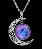 Romwe Purple Gemstone Silver Hollow Moon Necklace