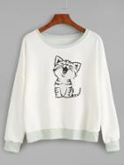Romwe Contrast Trim Cat Print Sweatshirt