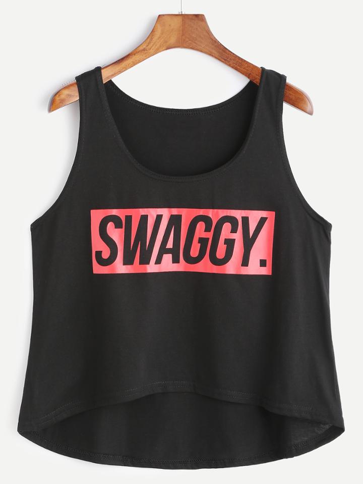 Romwe Black Letter Print Dip Hem Tank Top