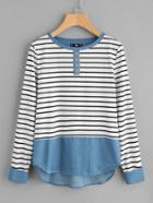 Romwe Buttoned Front Mixed Media Striped Tee